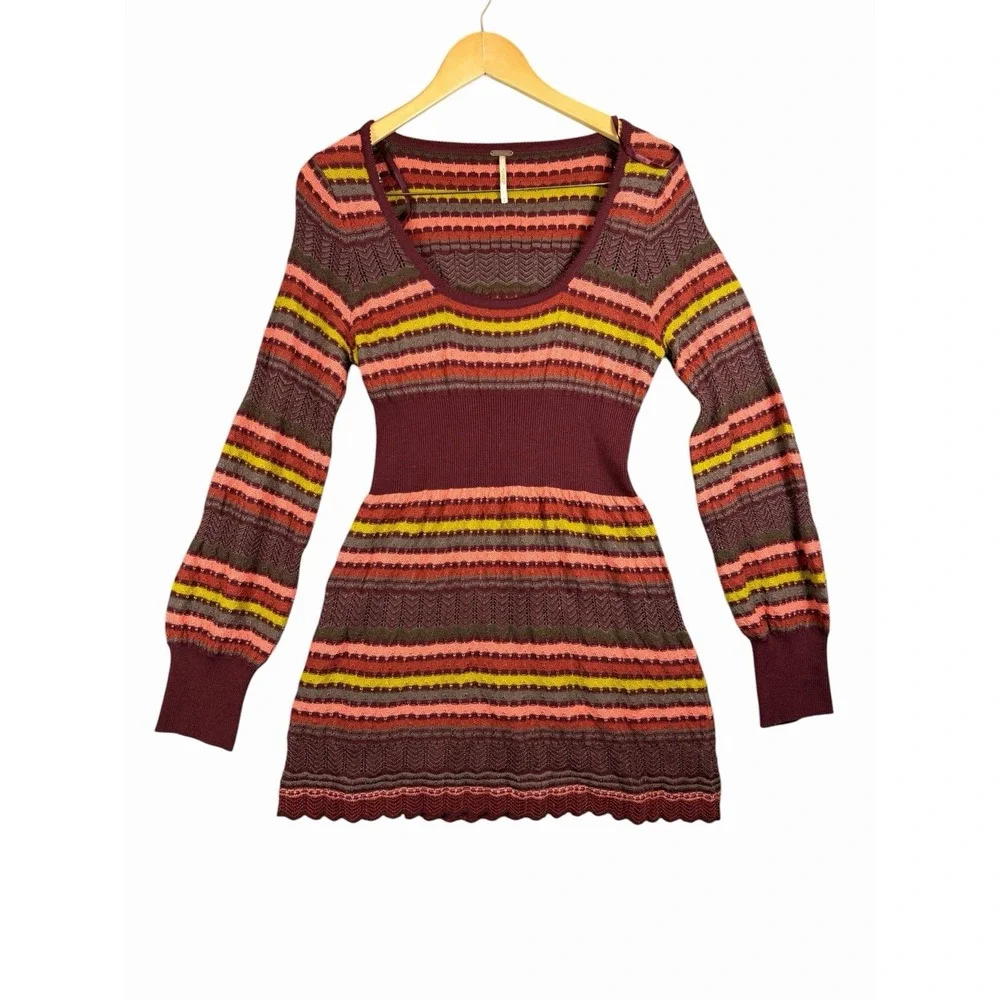Free People Women's Boho Knit Sweater Tunic Burgundy Striped Long Sleeve Size L